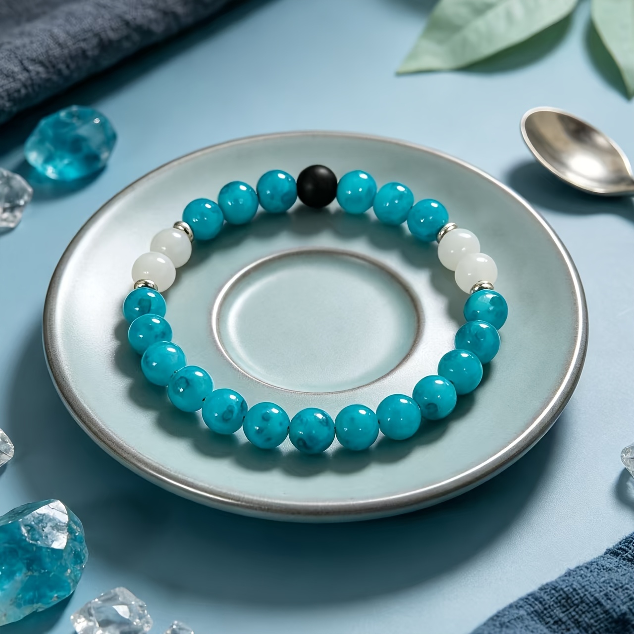 Women's Translucent Lake Blue Beaded Bracelet, Minimalist Design